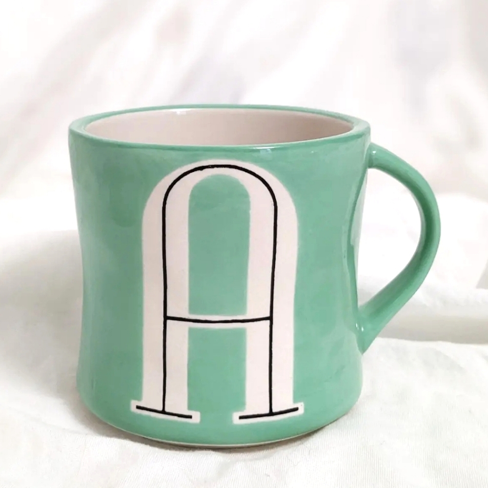 Letter "A" Monogram Coffee Mug By Anthropologie. Mint Green.Hand Painted.